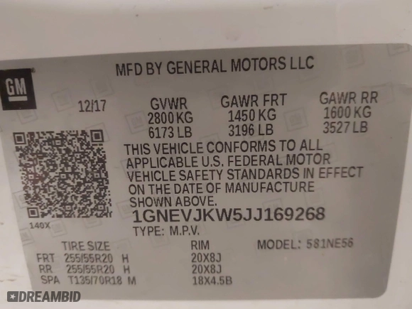 2018 Chevrolet Traverse Premier with VIN 1GNEVJKW5JJ169268, listed as a IAAI auction lot 41299309 with 115,423 mi miles. Bid and sale history available at carsss.com. Image 9.