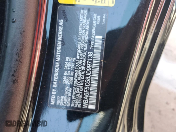 2018 BMW 6 Series 650i with VIN WBA6F5C58JD997138, listed as a Copart auction lot 73667044 with 0 mi miles and Non Repairable. Bid and sale history available at carsss.com. Image 13.