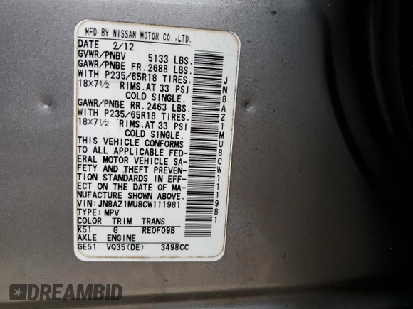 2012 Nissan Murano S with VIN JN8AZ1MU8CW111981, listed as a Copart auction lot 74706864 with 220,227 mi miles and Salvage Title. Bid and sale history available at carsss.com. Image 14.