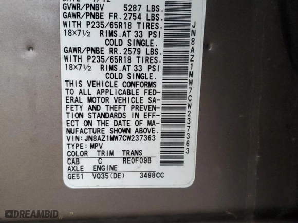 2012 Nissan Murano SV with VIN JN8AZ1MW7CW237363, listed as a Copart auction lot 43763025 with 153,415 mi miles and Salvage Title. Bid and sale history available at carsss.com. Image 15.