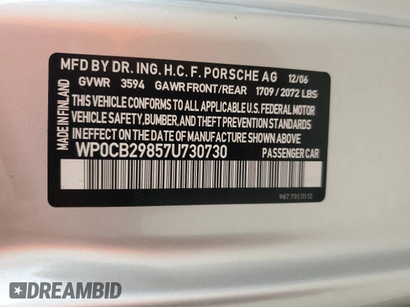 2007 Porsche Boxster S z VIN WP0CB29857U730730, wystawiony jako Copart lot #74175794 z przebiegiem Nie podano mil oraz Szkoda całkowita • Salvage title. Historia ofert i sprzedaży dostępna na DreamBid. Obrazek 12.