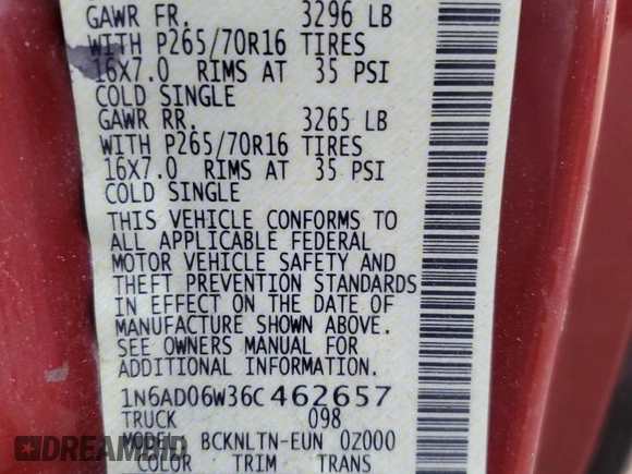 2006 Nissan Frontier SE with VIN 1N6AD06W36C462657, listed as a Copart auction lot 50449945 with 266,986 mi miles and Clean title. Bid and sale history available at DreamBid. Image 12.