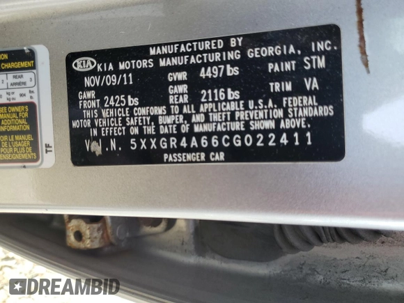 2012 Kia Optima SX with VIN 5XXGR4A66CG022411, listed as a Copart auction lot 49987235 with 219,814 mi miles and Salvage Title. Bid and sale history available at carsss.com. Image 12.