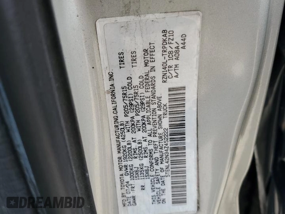 2004 Toyota Tacoma z VIN 5TENL42N34Z452222, wystawiony jako Copart lot #52334205 z przebiegiem 122 503 mil mil oraz Szkoda całkowita • Salvage title. Historia ofert i sprzedaży dostępna na DreamBid. Obrazek 15.