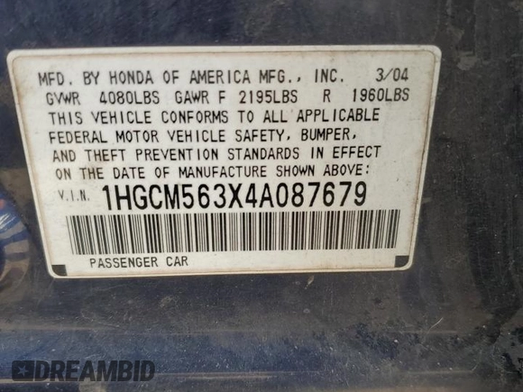 2004 Honda Accord LX with VIN 1HGCM563X4A087679, listed as a Copart auction lot 62972585 with 223,588 mi miles and Clean title. Bid and sale history available at DreamBid. Image 12.