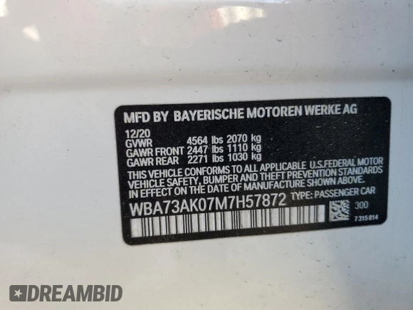 2021 BMW 2 Series 228i xDrive with VIN WBA73AK07M7H57872, listed as a Copart auction lot 50761785 with 67,059 mi miles and Salvage Title. Bid and sale history available at carsss.com. Image 12.