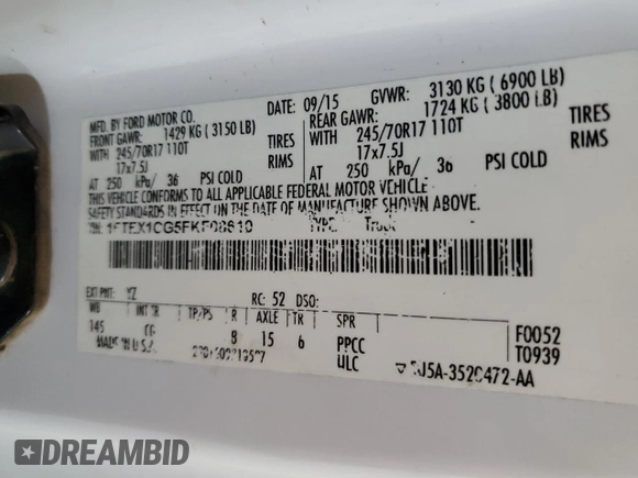 2015 Ford F-150 XL with VIN 1FTEX1CG5FKF08610, listed as a Copart auction lot 51938685 with 169,479 mi miles and Salvage Title. Bid and sale history available at carsss.com. Image 12.
