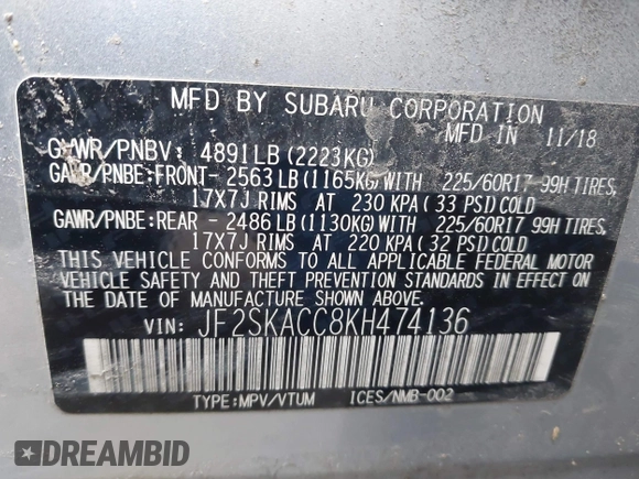 2019 Subaru Forester z VIN JF2SKACC8KH474136, wystawiony jako IAAI lot #42188719 z przebiegiem 112 262 mil mil oraz . Historia ofert i sprzedaży dostępna na DreamBid. Obrazek 9.