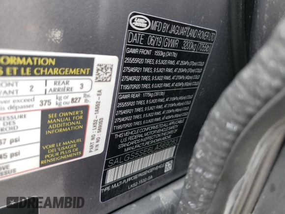 2020 Land Rover Range Rover с VIN SALGS5SE6LA569053, выставлен на аукционе Copart как лот 55365685 с пробегом 40 213 миль миль и Списание • Salvage title. История ставок и продаж доступна на DreamBid. Изображение 13.