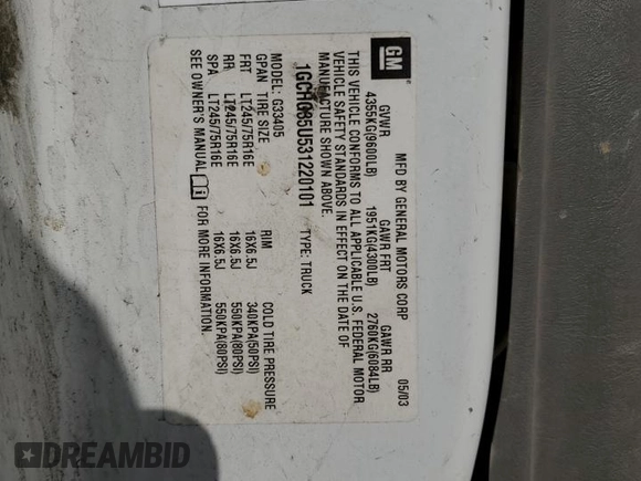 2003 Chevrolet Express Cargo z VIN 1GCHG35U531220101, wystawiony jako Copart lot #49040665 z przebiegiem 321 267 mil mil oraz Szkoda całkowita • Salvage title. Historia ofert i sprzedaży dostępna na DreamBid. Obrazek 15.