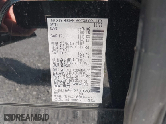 2022 Nissan Pathfinder SV with VIN 5N1DR3BA9NC231320, listed as a IAAI auction lot 40737422 with 78,817 mi miles and . Bid and sale history available at DreamBid. Image 9.