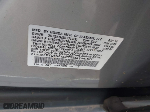 2014 Acura MDX Advance with VIN 5FRYD4H81EB038983, listed as a IAAI auction lot 40151615 with 192,839 mi miles and . Bid and sale history available at DreamBid. Image 9.