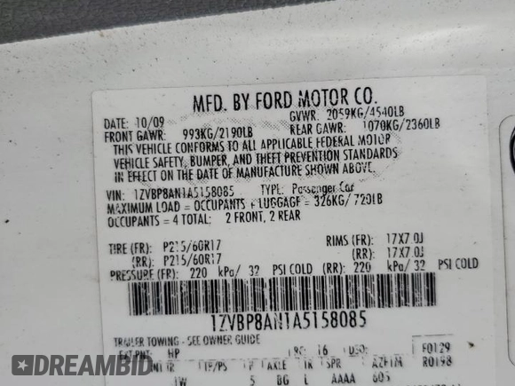 2010 Ford Mustang V6 with VIN 1ZVBP8AN1A5158085, listed as a Copart auction lot 61070745 with Not provided miles and Salvage title. Bid and sale history available at DreamBid. Image 13.