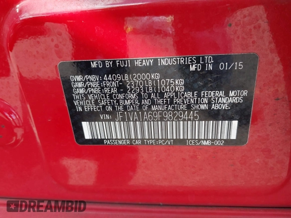 2015 Subaru WRX with VIN JF1VA1A69F9829445, listed as a IAAI auction lot 42408840 with 47,088 mi miles and . Bid and sale history available at DreamBid. Image 9.
