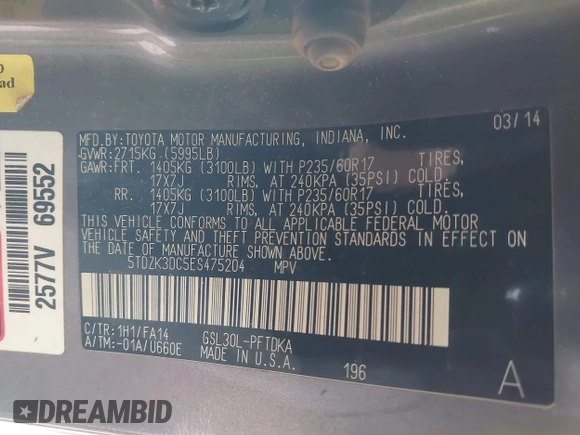 2014 Toyota Sienna L with VIN 5TDZK3DC5ES475204, listed as a IAAI auction lot 41277584 with 125,735 mi miles. Bid and sale history available at carsss.com. Image 9.