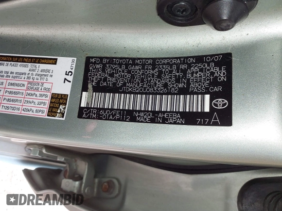 2008 Toyota Prius with VIN JTDKB20U083326182, listed as a IAAI auction lot 41788617 with 255,662 mi miles. Bid and sale history available at carsss.com. Image 9.