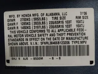 2006 Honda Odyssey EX with VIN 5FNRL38466B123206, listed as a IAAI auction lot 41731572 with 110,792 mi miles. Bid and sale history available at carsss.com. Image 9.