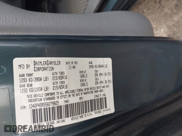 2005 Dodge Caravan SXT with VIN 1D4GP45R55B279825, listed as a IAAI auction lot 42532684 with 157,167 mi miles and . Bid and sale history available at DreamBid. Image 9.