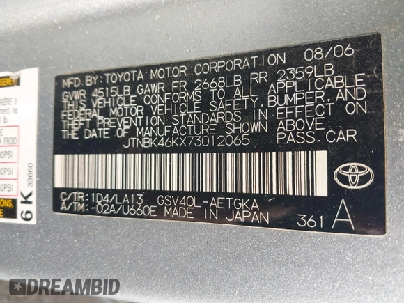 2007 Toyota Camry LE with VIN JTNBK46KX73012065, listed as a IAAI auction lot 41993858 with 318,639 mi miles and . Bid and sale history available at DreamBid. Image 9.