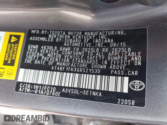 2016 Toyota Camry XLE with VIN 4T4BF1FKXGR521530, listed as a IAAI auction lot 41900074 with 151,251 mi miles and . Bid and sale history available at DreamBid. Image 9.