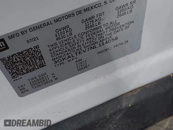 2022 GMC Terrain SLE with VIN 3GKALTEV7NL114058, listed as a IAAI auction lot 42319216 with 15,695 mi miles and . Bid and sale history available at DreamBid. Image 9.