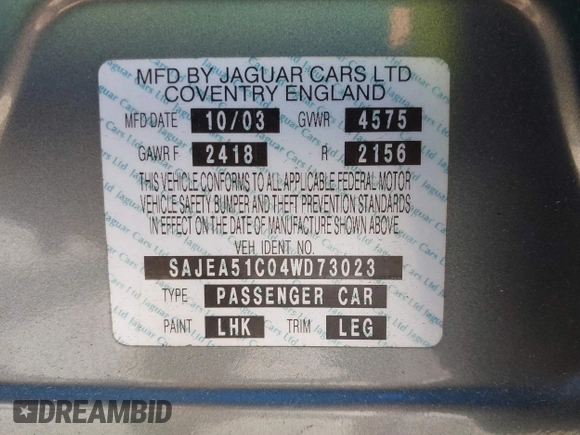 2004 Jaguar X-Type with VIN SAJEA51C04WD73023, listed as a IAAI auction lot 41874488 with 199,333 mi miles and . Bid and sale history available at DreamBid. Image 9.
