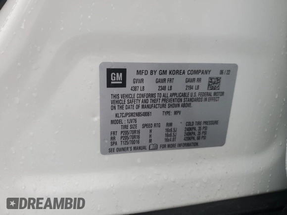 2022 Chevrolet Trax LT with VIN KL7CJPSM2NB548061, listed as a Copart auction lot 60250645 with 82,767 mi miles and Salvage title. Bid and sale history available at DreamBid. Image 13.