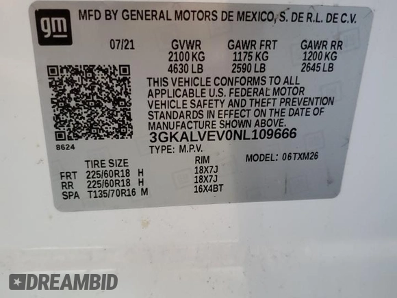 2022 GMC Terrain SLT with VIN 3GKALVEV0NL109666, listed as a Copart auction lot 57865495 with 75,738 mi miles and Salvage title. Bid and sale history available at DreamBid. Image 13.