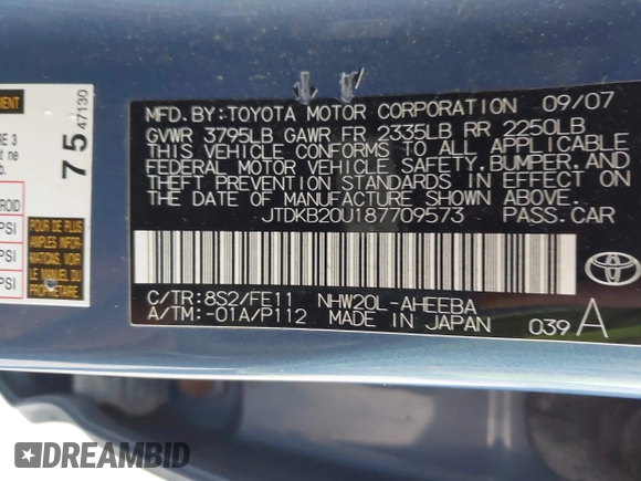 2008 Toyota Prius with VIN JTDKB20U187709573, listed as a IAAI auction lot 42250189 with 287,256 mi miles and . Bid and sale history available at DreamBid. Image 9.