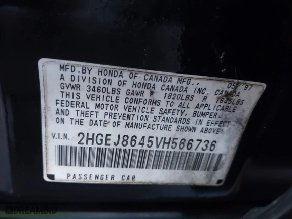 1997 Honda Civic EX with VIN 2HGEJ8645VH566736, listed as a IAAI auction lot 41876647 with 277,968 mi miles. Bid and sale history available at carsss.com. Image 9.