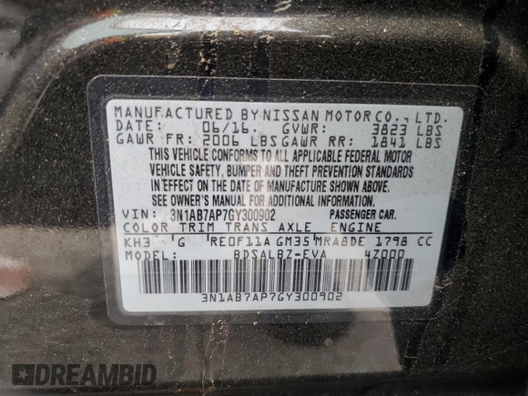 2016 Nissan Sentra SV with VIN 3N1AB7AP7GY300902, listed as a Copart auction lot 82529844 with 97,419 mi miles and Salvage Title. Bid and sale history available at DreamBid. Image 12.