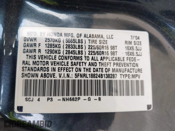 2004 Honda Odyssey EX-RES z VIN 5FNRL18824B138287, wystawiony jako IAAI lot #42245444 z przebiegiem 196 932 mil mil oraz . Historia ofert i sprzedaży dostępna na DreamBid. Obrazek 9.