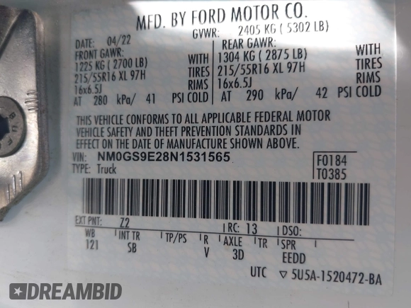 2022 Ford Transit Connect XL with VIN NM0GS9E28N1531565, listed as a IAAI auction lot 42636297 with 22,032 mi miles and . Bid and sale history available at DreamBid. Image 9.