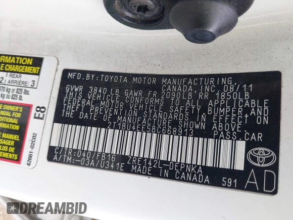 2011 Toyota Corolla L with VIN 2T1BU4EE5BC668913, listed as a IAAI auction lot 42181373 with 148,573 mi miles and . Bid and sale history available at DreamBid. Image 9.