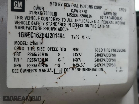 2004 GMC Yukon XL SLT with VIN 1GKEC16Z64J201494, listed as a Copart auction lot 75116274 with 201,386 mi miles and Salvage Title. Bid and sale history available at carsss.com. Image 14.