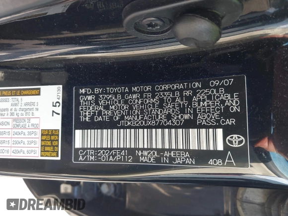 2008 Toyota Prius with VIN JTDKB20UX87704307, listed as a IAAI auction lot 42236776 with 142,996 mi miles and . Bid and sale history available at DreamBid. Image 9.