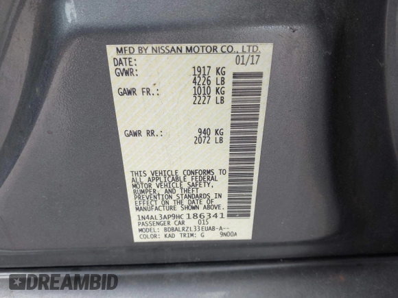 2017 Nissan Altima SV with VIN 1N4AL3AP9HC186341, listed as a IAAI auction lot 42223694 with 150,284 mi miles and . Bid and sale history available at DreamBid. Image 9.