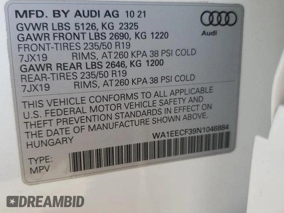 2022 Audi Q3 S line Premium Plus with VIN WA1EECF39N1046884, listed as a Copart auction lot 50009435 with 107,303 mi miles and Salvage Title. Bid and sale history available at carsss.com. Image 14.