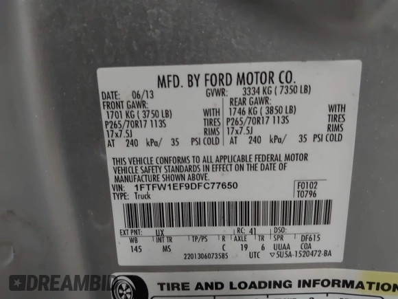 2013 Ford F-150 XL with VIN 1FTFW1EF9DFC77650, listed as a IAAI auction lot 41699427 with 267,769 mi miles. Bid and sale history available at carsss.com. Image 9.