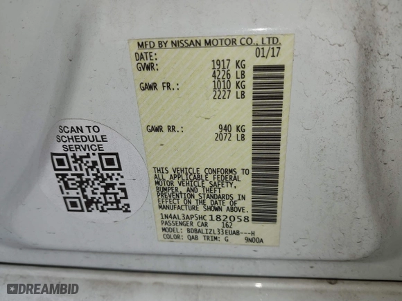 2017 Nissan Altima 2.5 SV with VIN 1N4AL3AP5HC182058, listed as a IAAI auction lot 41579072 with 81,423 mi miles. Bid and sale history available at carsss.com. Image 9.