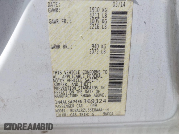2014 Nissan Altima SV with VIN 1N4AL3AP4EN369324, listed as a IAAI auction lot 41919810 with 199,873 mi miles and . Bid and sale history available at carsss.com. Image 9.