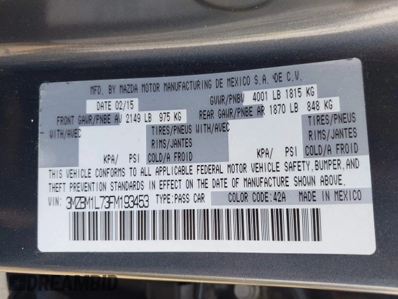 2015 Mazda 3 i Touring with VIN 3MZBM1L73FM193453, listed as a IAAI auction lot 42461581 with 95,885 mi miles and . Bid and sale history available at DreamBid. Image 9.