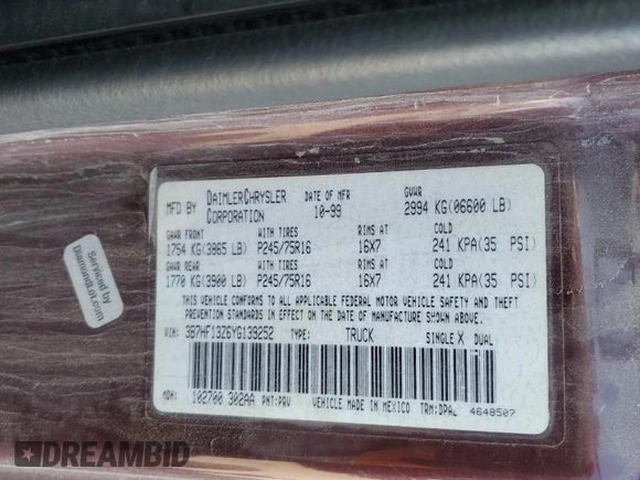2000 Dodge 1500 z VIN 3B7HF13Z6YG139252, wystawiony jako Copart lot #47796595 z przebiegiem 149 542 mil mil oraz Czysty tytuł • Clean title. Historia ofert i sprzedaży dostępna na DreamBid. Obrazek 12.