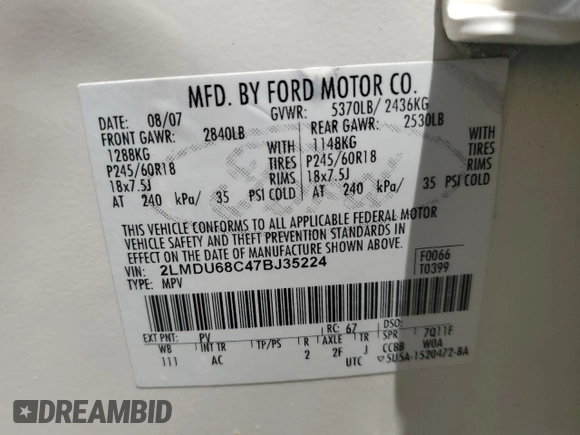 2007 Lincoln MKX with VIN 2LMDU68C47BJ35224, listed as a Copart auction lot 60320885 with Not provided miles and Salvage title. Bid and sale history available at DreamBid. Image 13.