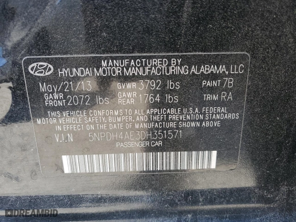 2013 Hyundai Elantra Limited PZEV with VIN 5NPDH4AE3DH351571, listed as a Copart auction lot 45668105 with 105,358 mi miles and Non Repairable. Bid and sale history available at carsss.com. Image 12.
