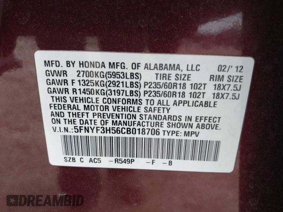 2012 Honda Pilot EX-L with VIN 5FNYF3H56CB018706, listed as a IAAI auction lot 41694870 with 243,284 mi miles. Bid and sale history available at carsss.com. Image 9.