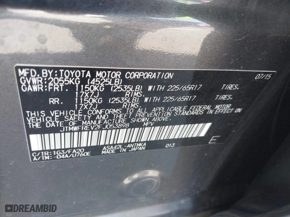 2015 Toyota RAV4 XLE with VIN JTMWFREV2FJ053898, listed as a IAAI auction lot 41997055 with 143,551 mi miles. Bid and sale history available at carsss.com. Image 9.