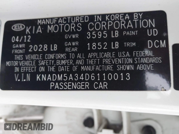 2013 Kia Rio LX with VIN KNADM5A34D6110013, listed as a IAAI auction lot 41306019 with 80,501 mi miles and . Bid and sale history available at DreamBid. Image 9.