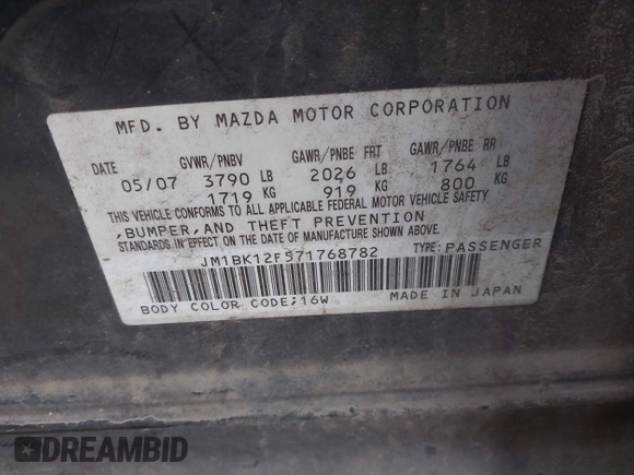 2007 Mazda 3 i Sport with VIN JM1BK12F571768782, listed as a IAAI auction lot 41523984 with 212,276 mi miles and . Bid and sale history available at DreamBid. Image 9.