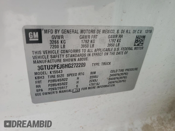 2017 GMC Sierra 1500 Denali with VIN 3GTU2PEJ6HG272209, listed as a Copart auction lot 53292975 with 106,499 mi miles and Salvage Title. Bid and sale history available at DreamBid. Image 12.